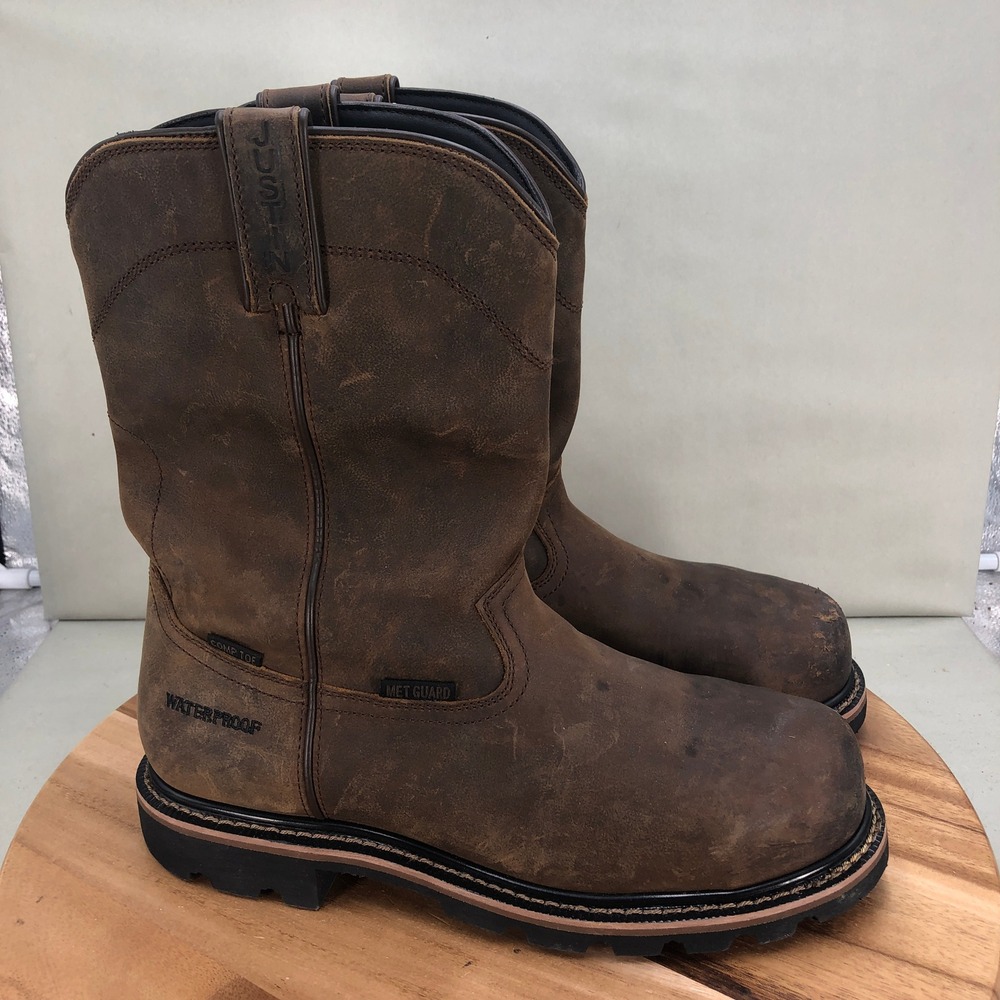 Justin Mens Pulley 10" Waterproof Composite Toe Met Guard Boots Brown Size 11 D